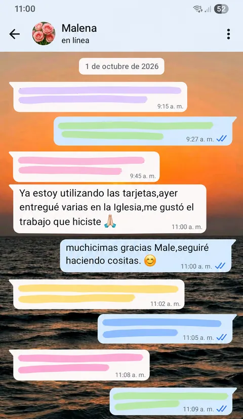 Conversación de WhatsApp: Malena cuenta que ya entregó varias tarjetitas en la iglesia y que le gustó el trabajo
