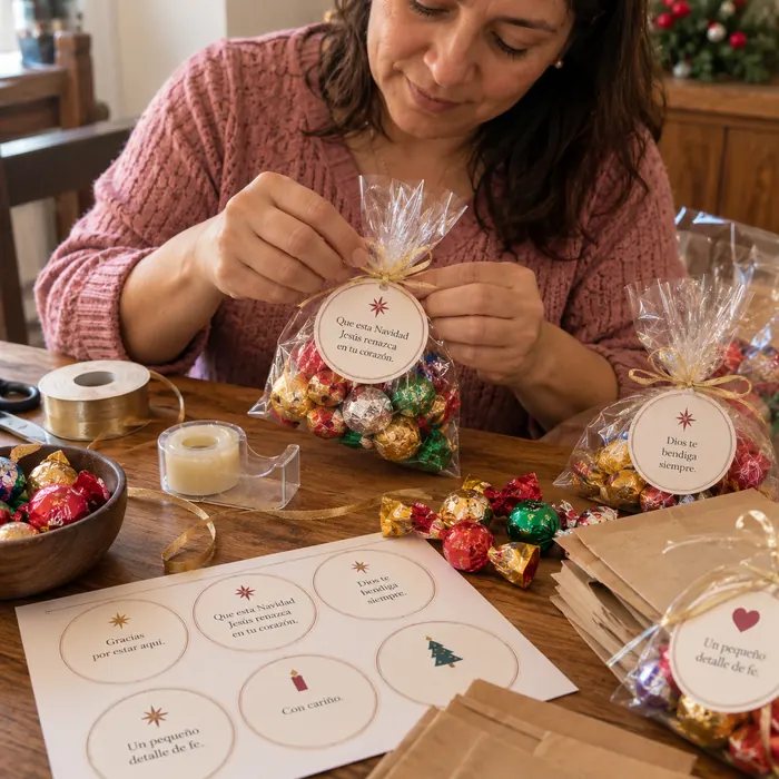 Mujer pegando etiquetas de fe en bolsitas de dulces