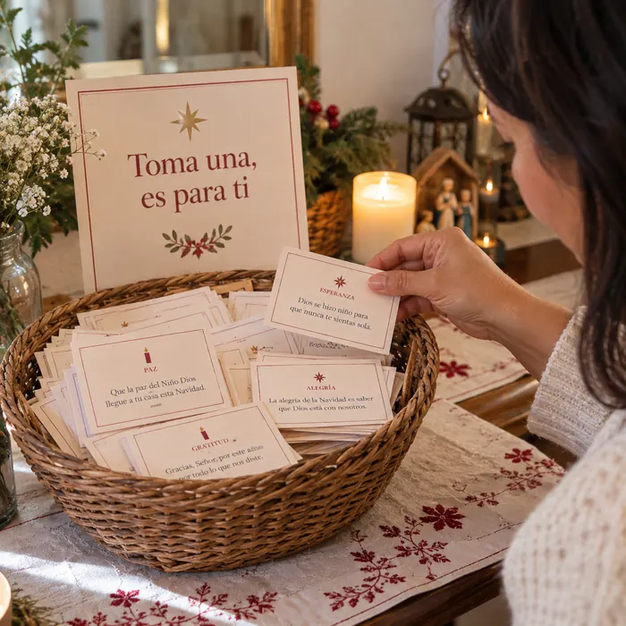 Canasta con tarjetitas de fe impresas junto a un letrero que dice Toma una, es para ti